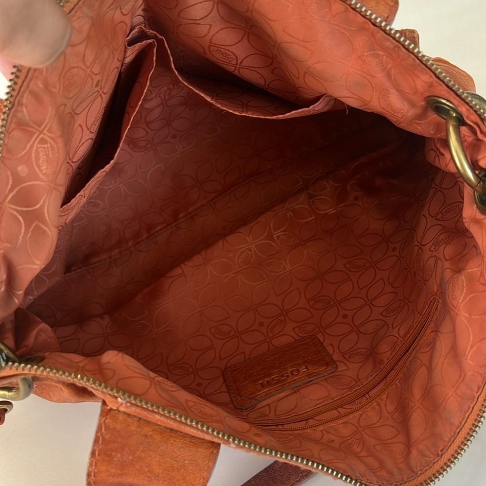 Fossil Vintage Leather Satchel Tote Shoulder Bag Brown Orange Distressed - Picture 11 of 14
